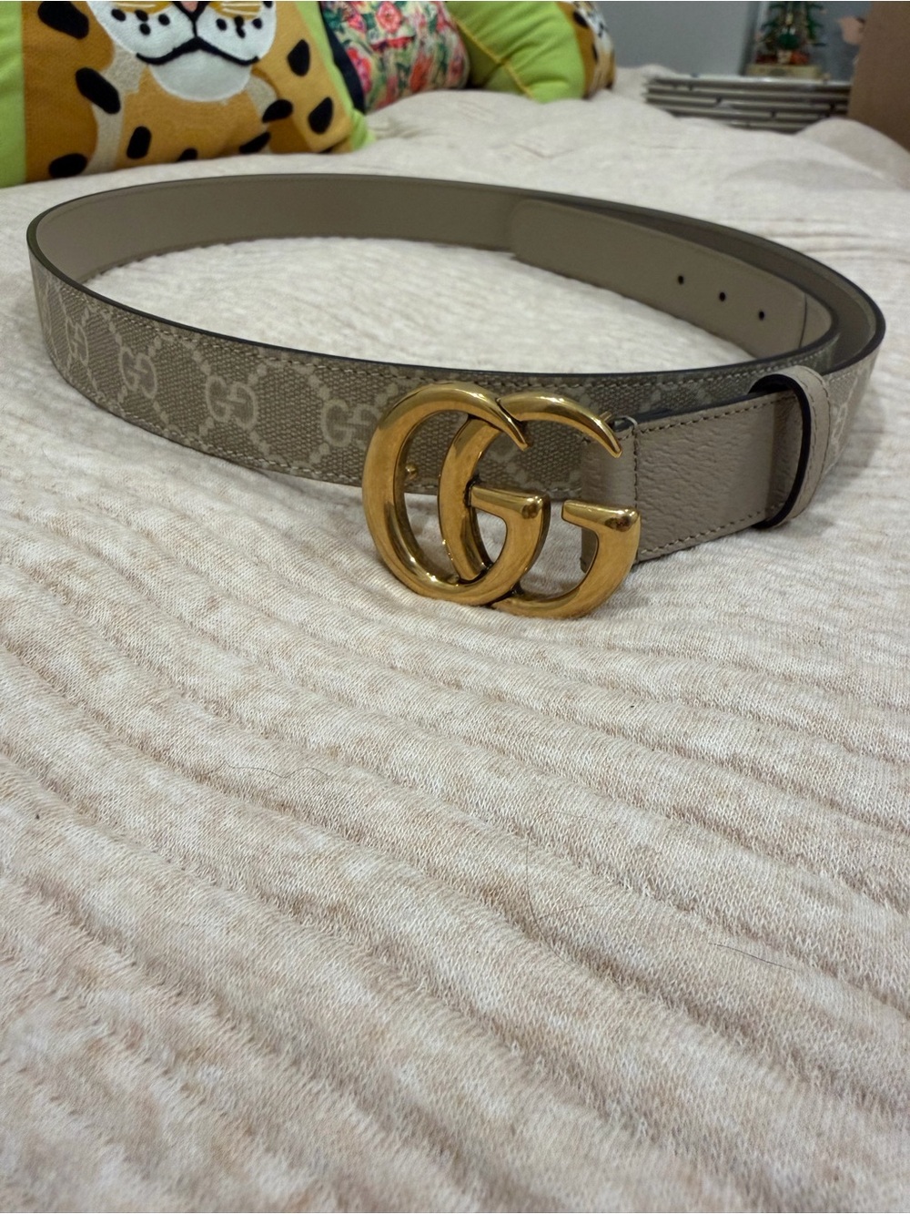 Gucci Taupe GG Supreme Belt with Gold Double G Buckle